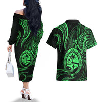Polynesian Guam Coat of Arms Couples Matching Off The Shoulder Long Sleeve Dress and Hawaiian Shirt Polynesian Tribal Tattoo Green Version LT9 - Polynesian Pride