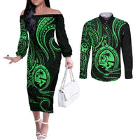 Polynesian Guam Coat of Arms Couples Matching Off The Shoulder Long Sleeve Dress and Long Sleeve Button Shirt Polynesian Tribal Tattoo Green Version LT9 Green - Polynesian Pride