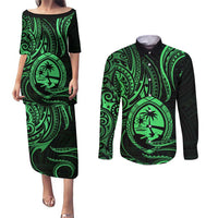 Polynesian Guam Coat of Arms Couples Matching Puletasi and Long Sleeve Button Shirt Polynesian Tribal Tattoo Green Version LT9 Green - Polynesian Pride