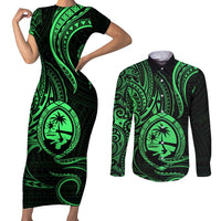 Polynesian Guam Coat of Arms Couples Matching Short Sleeve Bodycon Dress and Long Sleeve Button Shirt Polynesian Tribal Tattoo Green Version LT9 Green - Polynesian Pride