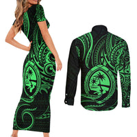 Polynesian Guam Coat of Arms Couples Matching Short Sleeve Bodycon Dress and Long Sleeve Button Shirt Polynesian Tribal Tattoo Green Version LT9 - Polynesian Pride