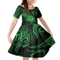 Polynesian Guam Coat of Arms Family Matching Off The Shoulder Long Sleeve Dress and Hawaiian Shirt Polynesian Tribal Tattoo Green Version LT9 Daughter's Dress Green - Polynesian Pride