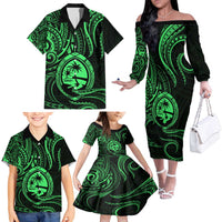 Polynesian Guam Coat of Arms Family Matching Off The Shoulder Long Sleeve Dress and Hawaiian Shirt Polynesian Tribal Tattoo Green Version LT9 - Polynesian Pride