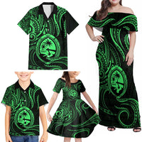 Polynesian Guam Coat of Arms Family Matching Off Shoulder Maxi Dress and Hawaiian Shirt Polynesian Tribal Tattoo Green Version LT9 - Polynesian Pride
