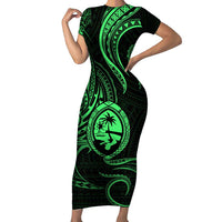 Polynesian Guam Coat of Arms Family Matching Short Sleeve Bodycon Dress and Hawaiian Shirt Polynesian Tribal Tattoo Green Version LT9 Mom's Dress Green - Polynesian Pride