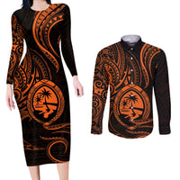 Polynesian Guam Coat of Arms Couples Matching Long Sleeve Bodycon Dress and Long Sleeve Button Shirt Polynesian Tribal Tattoo Orange Version LT9 Orange - Polynesian Pride