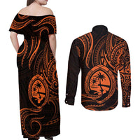 Polynesian Guam Coat of Arms Couples Matching Off Shoulder Maxi Dress and Long Sleeve Button Shirt Polynesian Tribal Tattoo Orange Version LT9 - Polynesian Pride