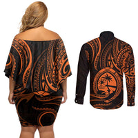 Polynesian Guam Coat of Arms Couples Matching Off Shoulder Short Dress and Long Sleeve Button Shirt Polynesian Tribal Tattoo Orange Version LT9 - Polynesian Pride