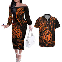 Polynesian Guam Coat of Arms Couples Matching Off The Shoulder Long Sleeve Dress and Hawaiian Shirt Polynesian Tribal Tattoo Orange Version LT9 Orange - Polynesian Pride