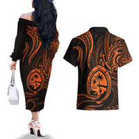 Polynesian Guam Coat of Arms Couples Matching Off The Shoulder Long Sleeve Dress and Hawaiian Shirt Polynesian Tribal Tattoo Orange Version LT9 - Polynesian Pride