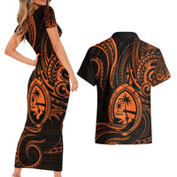 Polynesian Guam Coat of Arms Couples Matching Short Sleeve Bodycon Dress and Hawaiian Shirt Polynesian Tribal Tattoo Orange Version LT9 - Polynesian Pride