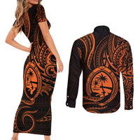 Polynesian Guam Coat of Arms Couples Matching Short Sleeve Bodycon Dress and Long Sleeve Button Shirt Polynesian Tribal Tattoo Orange Version LT9 - Polynesian Pride