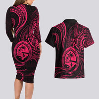 Polynesian Guam Coat of Arms Couples Matching Long Sleeve Bodycon Dress and Hawaiian Shirt Polynesian Tribal Tattoo Pink Version LT9 - Polynesian Pride
