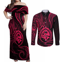Polynesian Guam Coat of Arms Couples Matching Off Shoulder Maxi Dress and Long Sleeve Button Shirt Polynesian Tribal Tattoo Pink Version LT9 Pink - Polynesian Pride