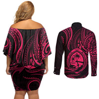 Polynesian Guam Coat of Arms Couples Matching Off Shoulder Short Dress and Long Sleeve Button Shirt Polynesian Tribal Tattoo Pink Version LT9 - Polynesian Pride