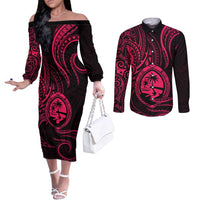 Polynesian Guam Coat of Arms Couples Matching Off The Shoulder Long Sleeve Dress and Long Sleeve Button Shirt Polynesian Tribal Tattoo Pink Version LT9 Pink - Polynesian Pride