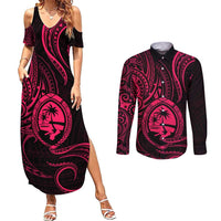 Polynesian Guam Coat of Arms Couples Matching Summer Maxi Dress and Long Sleeve Button Shirt Polynesian Tribal Tattoo Pink Version LT9 Pink - Polynesian Pride