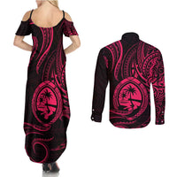 Polynesian Guam Coat of Arms Couples Matching Summer Maxi Dress and Long Sleeve Button Shirt Polynesian Tribal Tattoo Pink Version LT9 - Polynesian Pride
