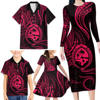 Polynesian Guam Coat of Arms Family Matching Long Sleeve Bodycon Dress and Hawaiian Shirt Polynesian Tribal Tattoo Pink Version LT9 - Polynesian Pride