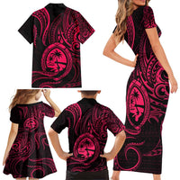 Polynesian Guam Coat of Arms Family Matching Short Sleeve Bodycon Dress and Hawaiian Shirt Polynesian Tribal Tattoo Pink Version LT9 - Polynesian Pride