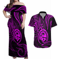 Polynesian Guam Coat of Arms Couples Matching Off Shoulder Maxi Dress and Hawaiian Shirt Polynesian Tribal Tattoo Purple Version LT9 Purple - Polynesian Pride