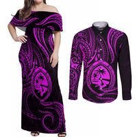 Polynesian Guam Coat of Arms Couples Matching Off Shoulder Maxi Dress and Long Sleeve Button Shirt Polynesian Tribal Tattoo Purple Version LT9 Purple - Polynesian Pride
