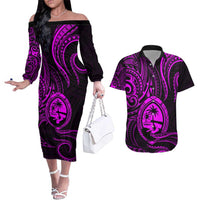 Polynesian Guam Coat of Arms Couples Matching Off The Shoulder Long Sleeve Dress and Hawaiian Shirt Polynesian Tribal Tattoo Purple Version LT9 Purple - Polynesian Pride