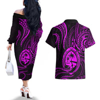 Polynesian Guam Coat of Arms Couples Matching Off The Shoulder Long Sleeve Dress and Hawaiian Shirt Polynesian Tribal Tattoo Purple Version LT9 - Polynesian Pride
