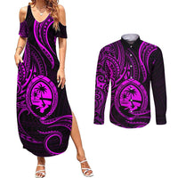 Polynesian Guam Coat of Arms Couples Matching Summer Maxi Dress and Long Sleeve Button Shirt Polynesian Tribal Tattoo Purple Version LT9 Purple - Polynesian Pride