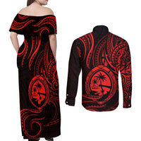 Polynesian Guam Coat of Arms Couples Matching Off Shoulder Maxi Dress and Long Sleeve Button Shirt Polynesian Tribal Tattoo Red Version LT9 - Polynesian Pride