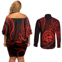 Polynesian Guam Coat of Arms Couples Matching Off Shoulder Short Dress and Long Sleeve Button Shirt Polynesian Tribal Tattoo Red Version LT9 - Polynesian Pride