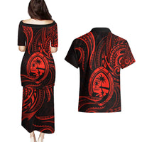 Polynesian Guam Coat of Arms Couples Matching Puletasi and Hawaiian Shirt Polynesian Tribal Tattoo Red Version LT9 - Polynesian Pride