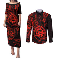 Polynesian Guam Coat of Arms Couples Matching Puletasi and Long Sleeve Button Shirt Polynesian Tribal Tattoo Red Version LT9 Red - Polynesian Pride