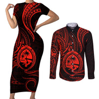 Polynesian Guam Coat of Arms Couples Matching Short Sleeve Bodycon Dress and Long Sleeve Button Shirt Polynesian Tribal Tattoo Red Version LT9 Red - Polynesian Pride