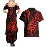 Polynesian Guam Coat of Arms Couples Matching Summer Maxi Dress and Hawaiian Shirt Polynesian Tribal Tattoo Red Version LT9 - Polynesian Pride