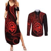 Polynesian Guam Coat of Arms Couples Matching Summer Maxi Dress and Long Sleeve Button Shirt Polynesian Tribal Tattoo Red Version LT9 Red - Polynesian Pride