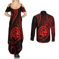 Polynesian Guam Coat of Arms Couples Matching Summer Maxi Dress and Long Sleeve Button Shirt Polynesian Tribal Tattoo Red Version LT9 - Polynesian Pride