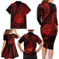 Polynesian Guam Coat of Arms Family Matching Long Sleeve Bodycon Dress and Hawaiian Shirt Polynesian Tribal Tattoo Red Version LT9 - Polynesian Pride
