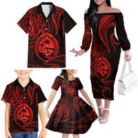 Polynesian Guam Coat of Arms Family Matching Off The Shoulder Long Sleeve Dress and Hawaiian Shirt Polynesian Tribal Tattoo Red Version LT9 - Polynesian Pride