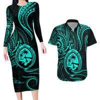 Polynesian Guam Coat of Arms Couples Matching Long Sleeve Bodycon Dress and Hawaiian Shirt Polynesian Tribal Tattoo Turquoise Version LT9 Turquoise - Polynesian Pride