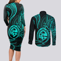 Polynesian Guam Coat of Arms Couples Matching Long Sleeve Bodycon Dress and Long Sleeve Button Shirt Polynesian Tribal Tattoo Turquoise Version LT9 - Polynesian Pride