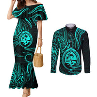 Polynesian Guam Coat of Arms Couples Matching Mermaid Dress and Long Sleeve Button Shirt Polynesian Tribal Tattoo Turquoise Version LT9 Turquoise - Polynesian Pride