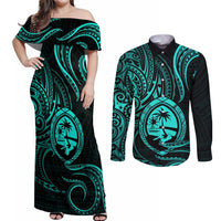 Polynesian Guam Coat of Arms Couples Matching Off Shoulder Maxi Dress and Long Sleeve Button Shirt Polynesian Tribal Tattoo Turquoise Version LT9 Turquoise - Polynesian Pride