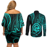 Polynesian Guam Coat of Arms Couples Matching Off Shoulder Short Dress and Long Sleeve Button Shirt Polynesian Tribal Tattoo Turquoise Version LT9 - Polynesian Pride