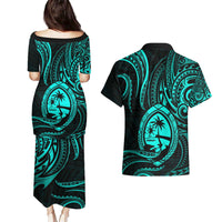 Polynesian Guam Coat of Arms Couples Matching Puletasi and Hawaiian Shirt Polynesian Tribal Tattoo Turquoise Version LT9 - Polynesian Pride