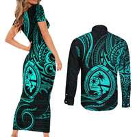 Polynesian Guam Coat of Arms Couples Matching Short Sleeve Bodycon Dress and Long Sleeve Button Shirt Polynesian Tribal Tattoo Turquoise Version LT9 - Polynesian Pride