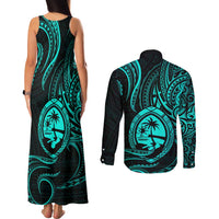 Polynesian Guam Coat of Arms Couples Matching Tank Maxi Dress and Long Sleeve Button Shirt Polynesian Tribal Tattoo Turquoise Version LT9 - Polynesian Pride
