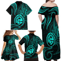 Polynesian Guam Coat of Arms Family Matching Off Shoulder Maxi Dress and Hawaiian Shirt Polynesian Tribal Tattoo Turquoise Version LT9 - Polynesian Pride