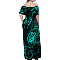 Polynesian Guam Coat of Arms Family Matching Off Shoulder Maxi Dress and Hawaiian Shirt Polynesian Tribal Tattoo Turquoise Version LT9 - Polynesian Pride