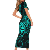 Polynesian Guam Coat of Arms Family Matching Short Sleeve Bodycon Dress and Hawaiian Shirt Polynesian Tribal Tattoo Turquoise Version LT9 - Polynesian Pride
